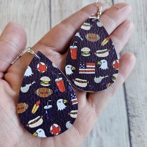 NWT Multi Color Patriotic Summer Fun Faux Leather Tear Shape Dangle Earrings